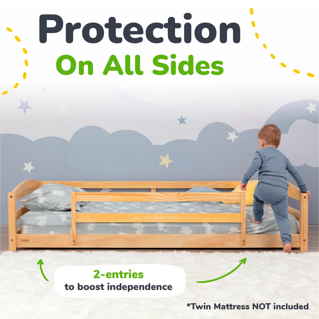 Twin Size Montessori-Inspired Floor Bed with Safety Guardrails for Kids