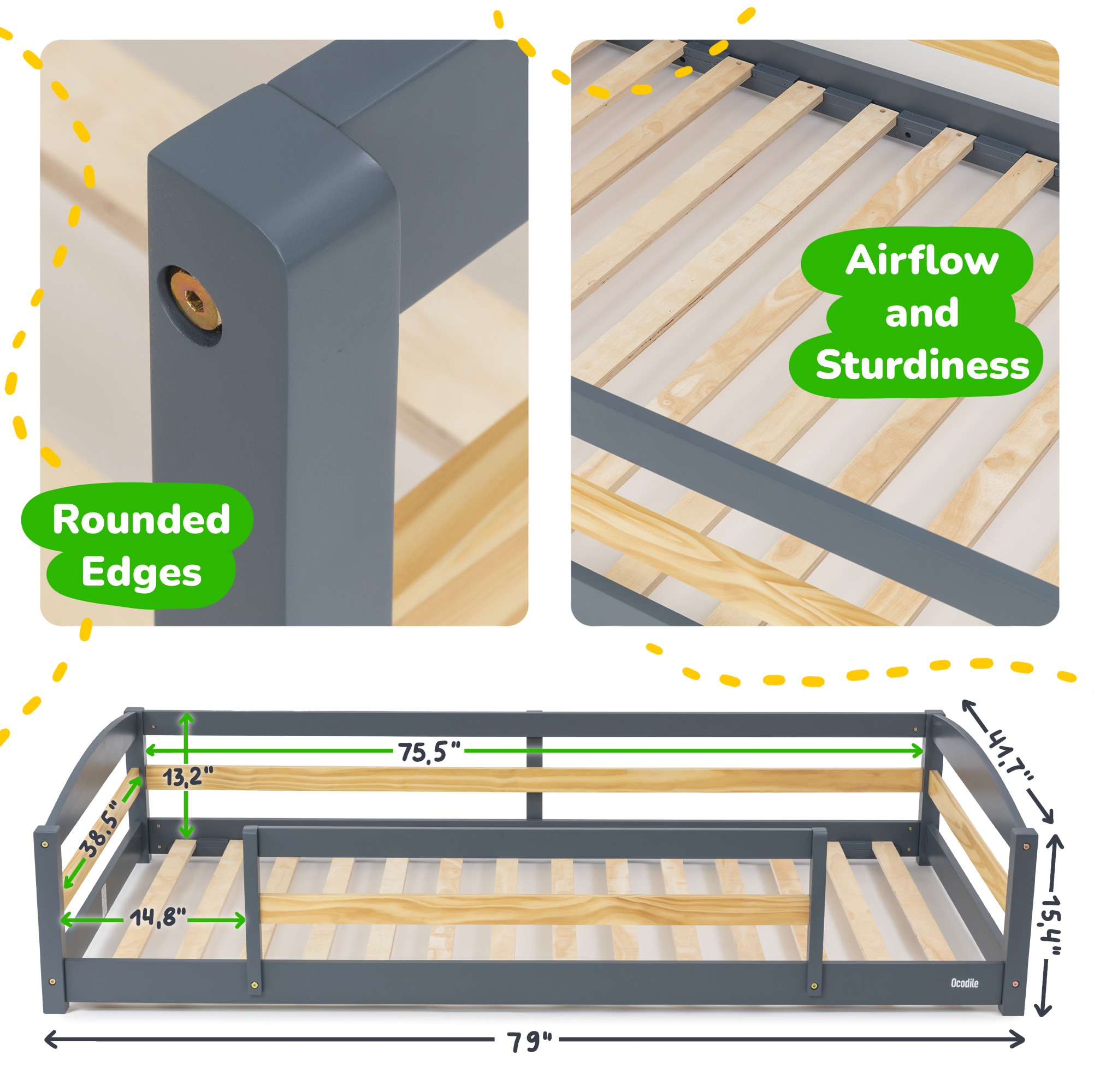 Twin Size Montessori-Inspired Floor Bed with Safety Guardrails for Kids