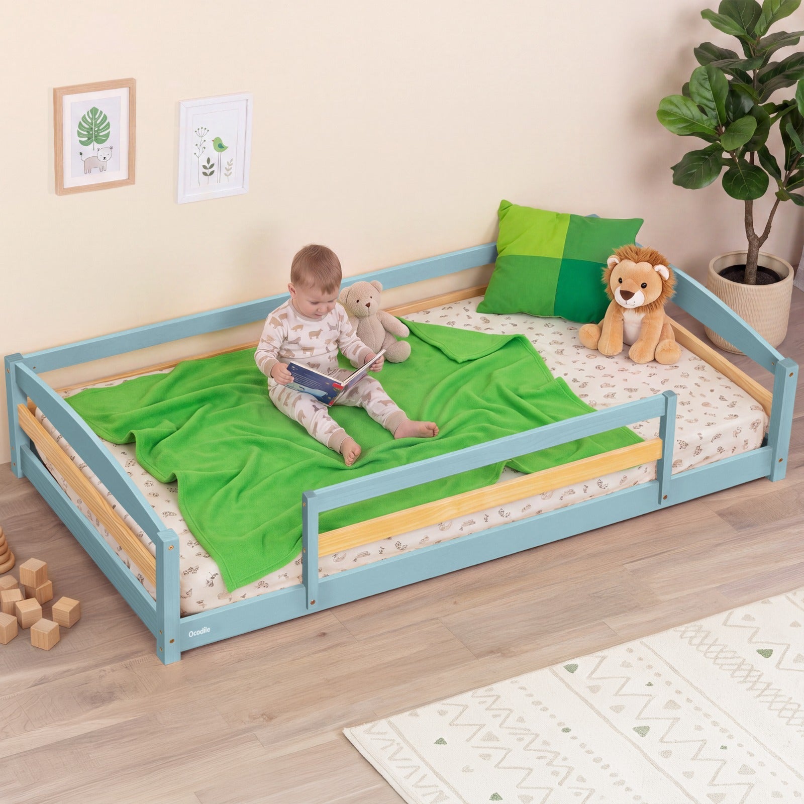Twin Size Montessori-Inspired Floor Bed with Safety Guardrails for Kids