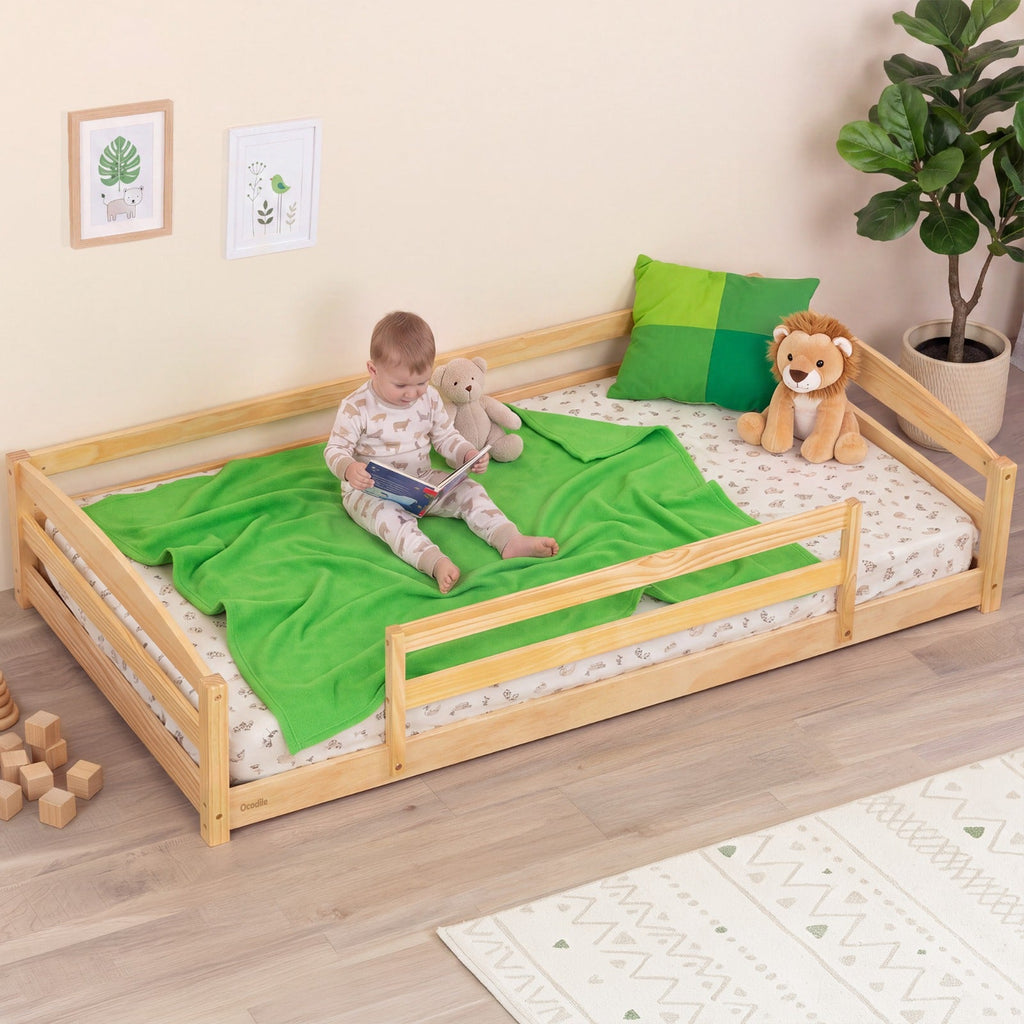 Twin Size Montessori-Inspired Floor Bed with Safety Guardrails for Kids