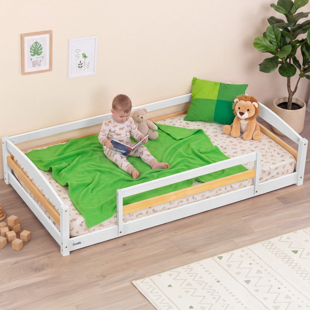Twin Size Montessori-Inspired Floor Bed with Safety Guardrails for Kids