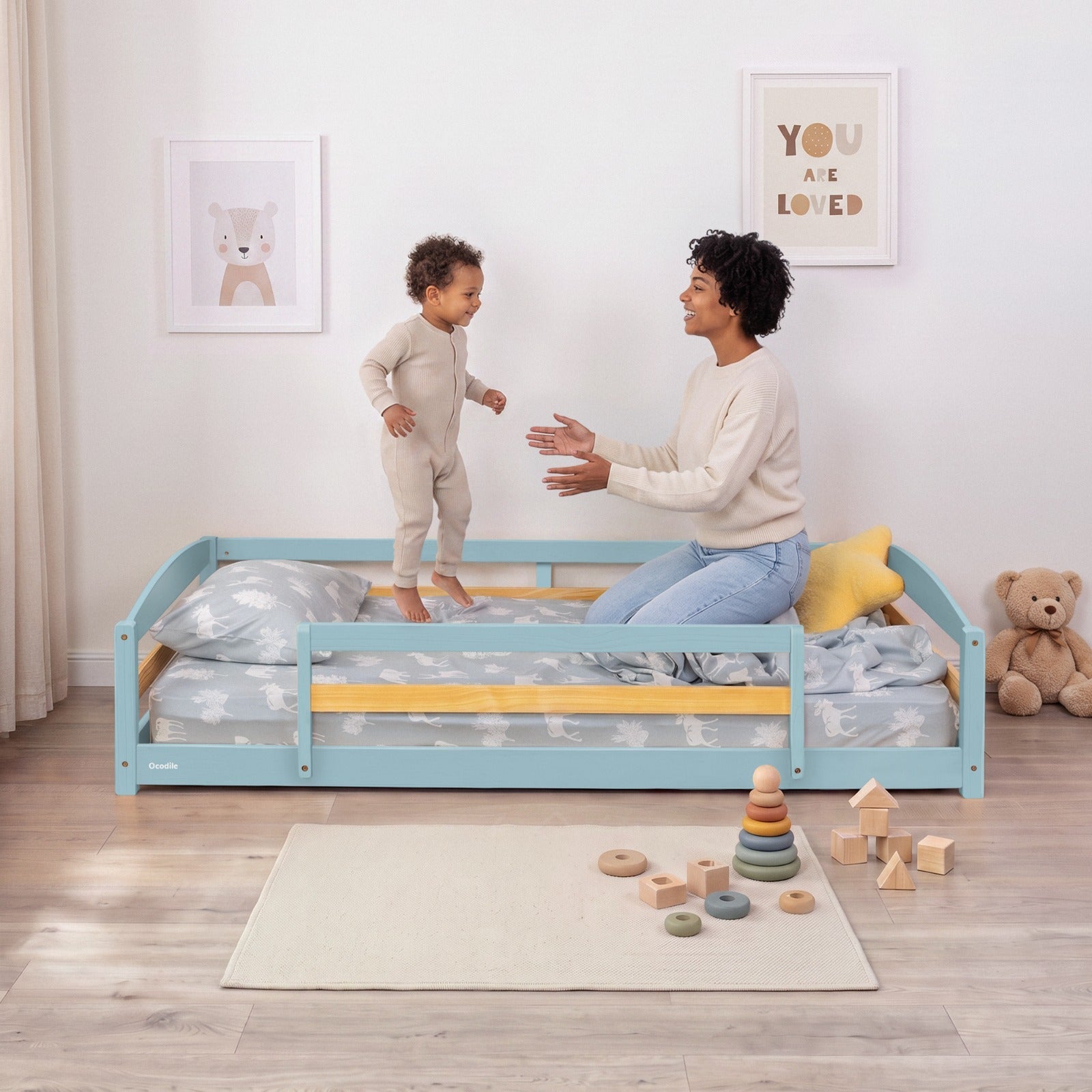 Twin Size Montessori-Inspired Floor Bed with Safety Guardrails for Kids