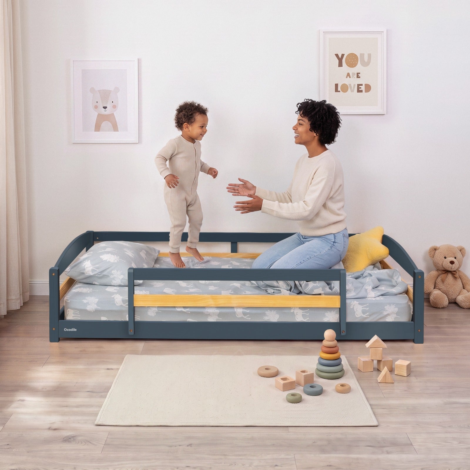 Twin Size Montessori-Inspired Floor Bed with Safety Guardrails for Kids