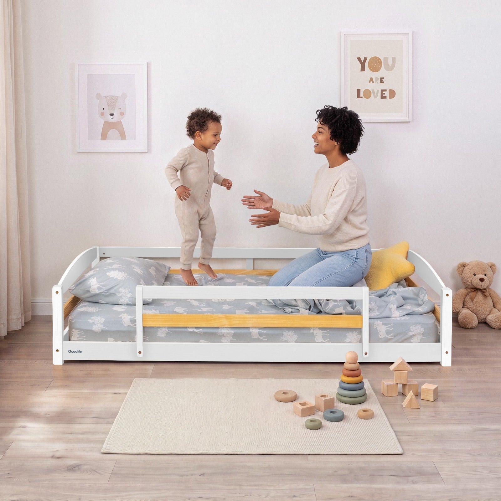 Twin Size Montessori-Inspired Floor Bed with Safety Guardrails for Kids