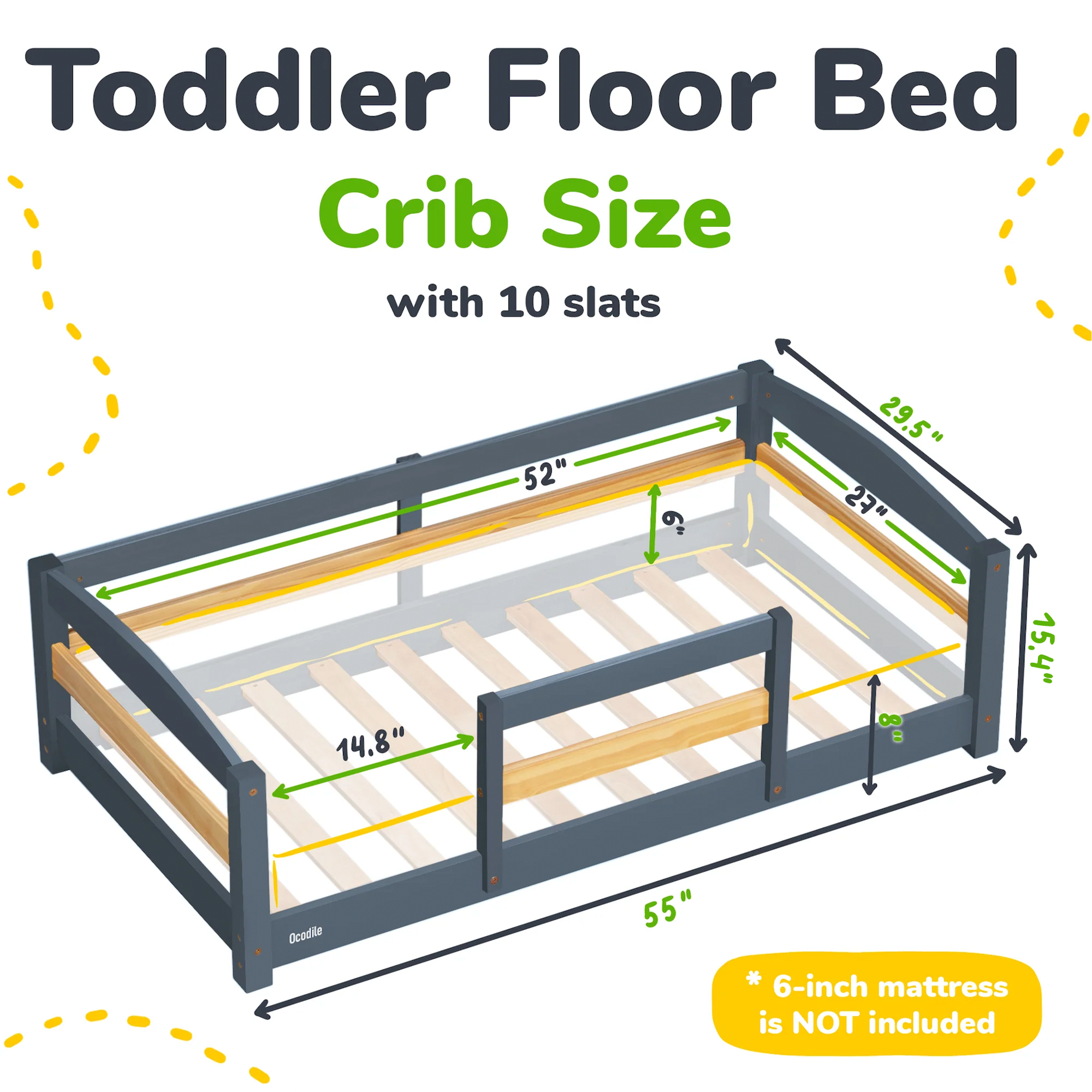 Crib Size Wooden Floor Bed with Safety Rails for Kids Age 1–3